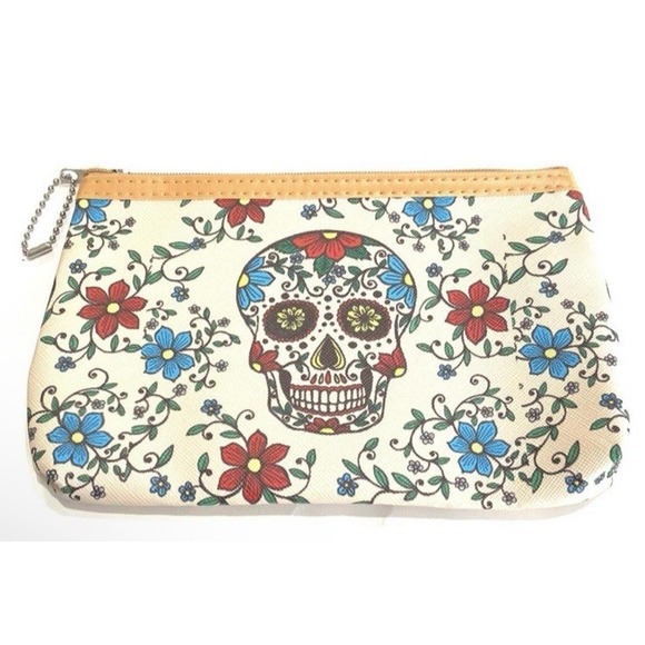 Gothic Sugar Skulls Money Coin ID Makeup Lined Zip Bag Purse‎ Pouch Clutch IVORY - Picture 1 of 4